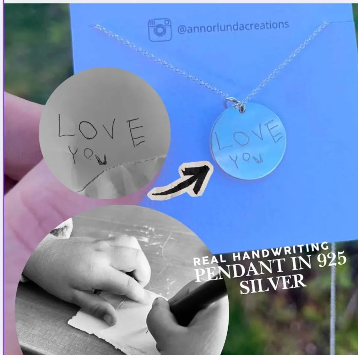 Personalised- Engraved Necklace with real handwriting. In sterling silver 925